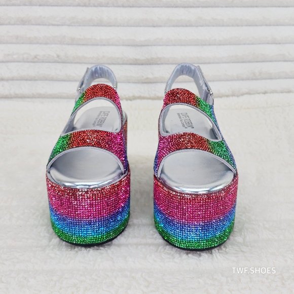 OH YEAH 3" Flatform Platform Multi-color Rhinestone Sandals Colorful Sparkle NEW - Picture 4 of 15